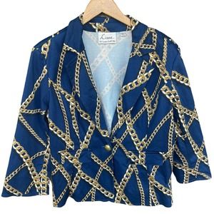 Linea Blazer Womens Large Blue Chain Print Single Button Jacket Office Nautical